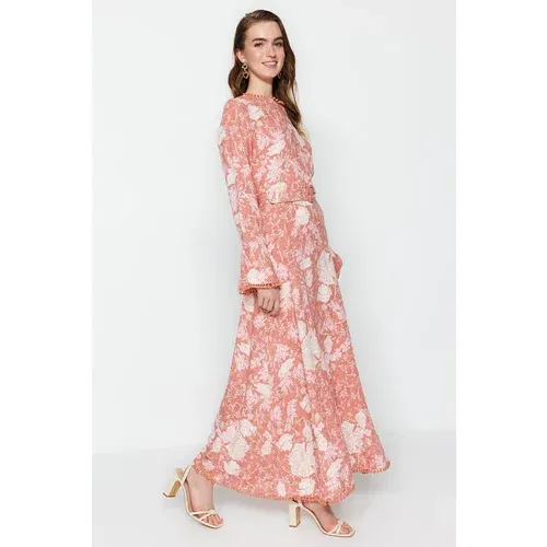 Trendyol Pale Pink Flower Patterned Woven Belt Dress