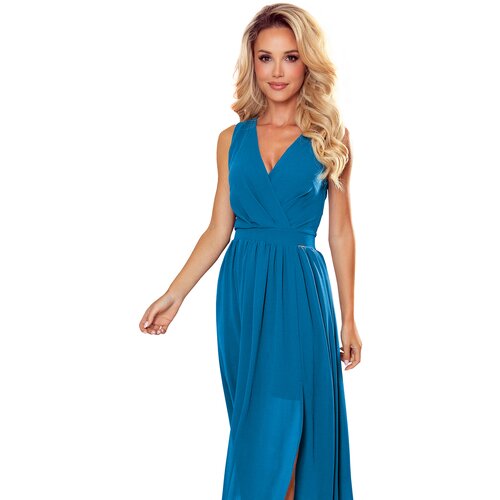 Numoco 362-4 JUSTINE Long dress with neckline and tie - BLUE Cene