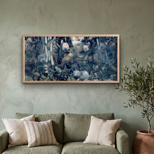 Wallxpert uramljena MDF slika ARTSNTMDL11, kubistička kompozicija u plavim i sivim tonovima, 50 x 120 cm Slike
