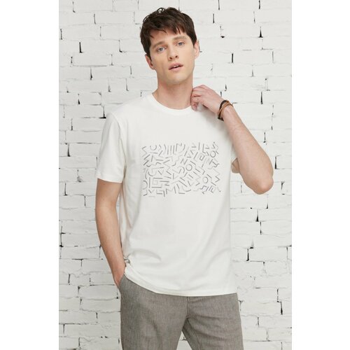 ALTINYILDIZ CLASSICS Men's Ecru Slim Fit Slim Fit Crew Neck Cotton Printed T-Shirt. Cene