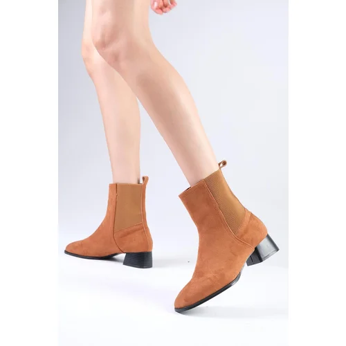 Mio Gusto Shania Tan Color Thin Fur Lined Elasticated Flat Toe Women's Heeled Boots