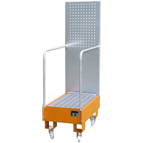 eurokraft pro Pomična prestrezna kadica s ploščo z luknjami, 2 x 60-l soda, stoječa drug za drugim, DxŠxV 875 x 500 x 1685 mm, rumeno oranžne barve Cene