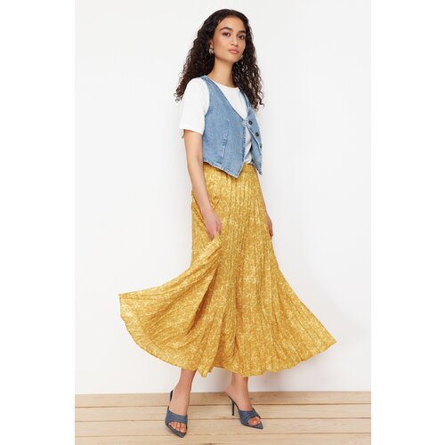 Trendyol mustard Floral Patterned Pleated Elastic Waist Woven Skirt Slike