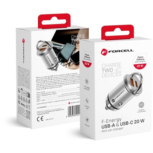 forcell auto punjač mini  f-energy typ c PD20W + usb QC3.0 srebrni Cene