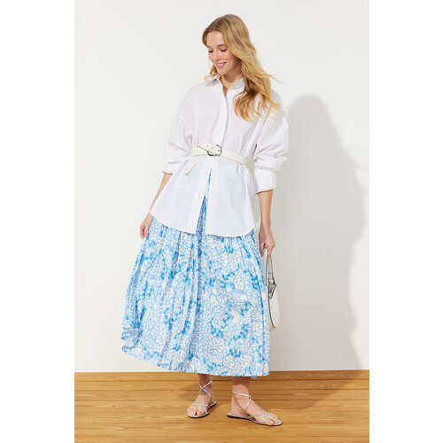 Trendyol Blue Multicolored Wide Pleated Woven Skirt with Elastic Waist Slike