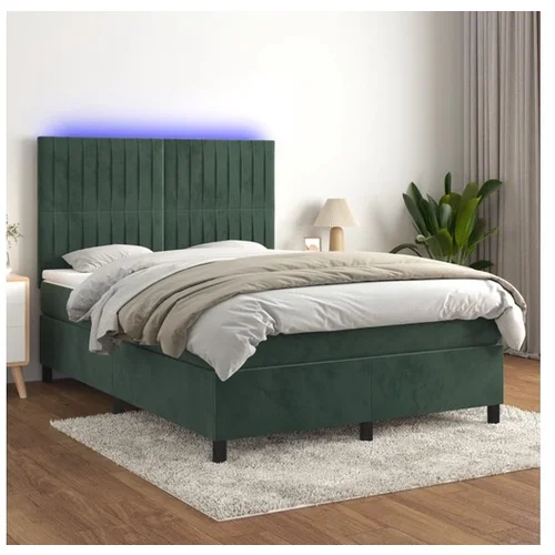 vidaXL Krevet box spring s madracem LED tamnozeleni 140x200 cm baršun