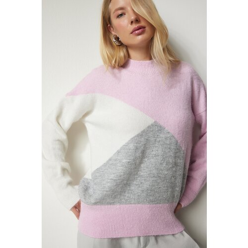 Happiness İstanbul Women's Pink Ecru Color Block High Neck Knitwear Sweater Slike