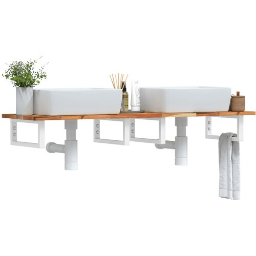  Zidna polica za umivaonik od čelika i masivnog bagremovog drva Smeđa 120 x 40 x 2 cm Slike
