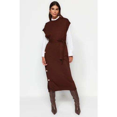 Trendyol Dark Brown Button Detailed Knitwear Sweater Dress