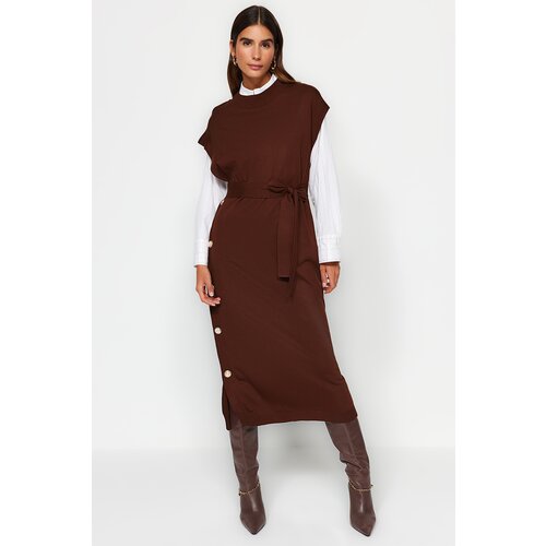 Trendyol Dark Brown Button Detailed Knitwear Sweater Dress Slike