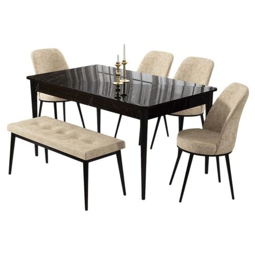 Hanah home trpezarijski set Pir, sto, 4 stolice i klupa, ploča u dekoru crnog mermera, krem tkanina Babyface Cene