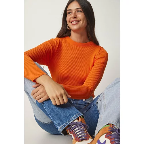 Happiness İstanbul Women's Orange Crewneck Corduroy Knitwear Sweater