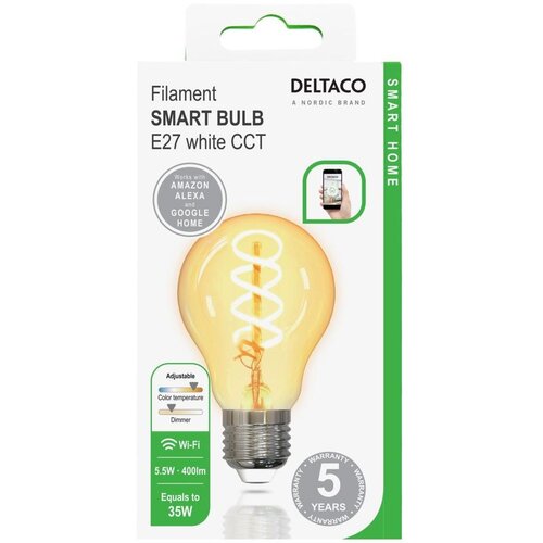 Deltaco SMART HOME Spiralna LED Filament Žarulja E27, WiFi 2.4GHz, 5.5W, 470lm, 1800K-6500K Slike
