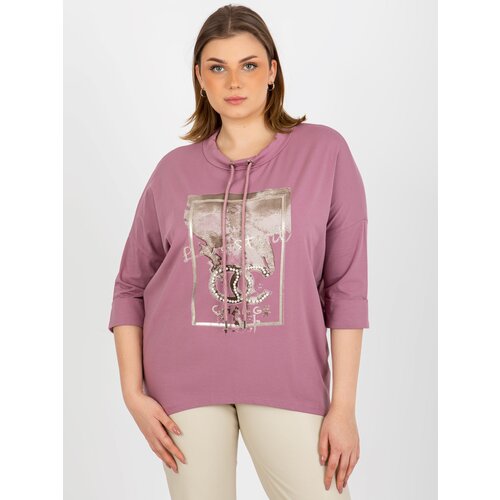 Fashion Hunters Dusty pink blouse plus size with drawstrings and print Slike