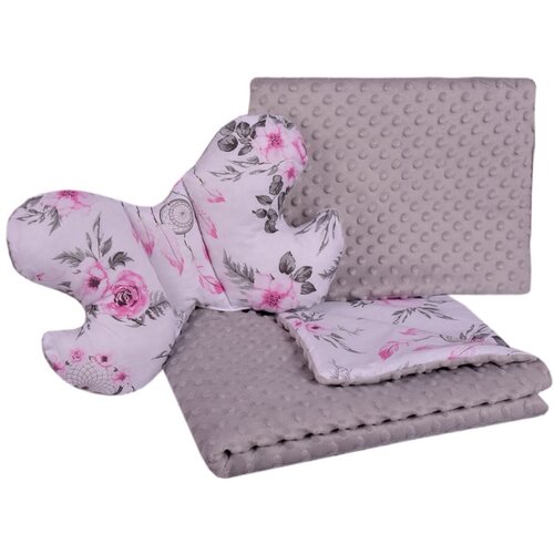 Medi Partners Quilt set with a stroller pillow + butterfly - dream catchers with flowers + gray minky Slike