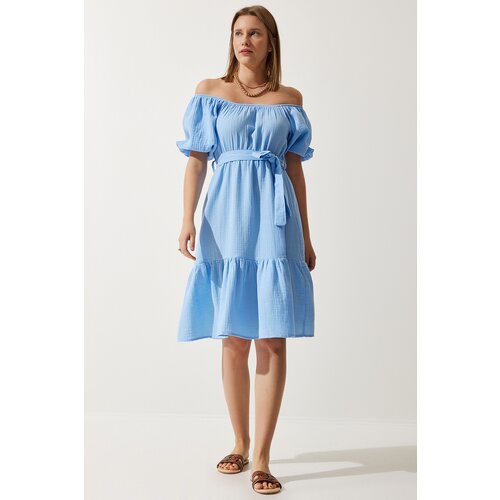  Women&amp;#039;s Sky Blue Carmen Collar Belted Summer Muslin Dress Slike