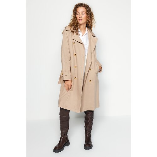 Trendyol Mink Oversize Hooded Trench Coat with Faux Leather Collar Slike