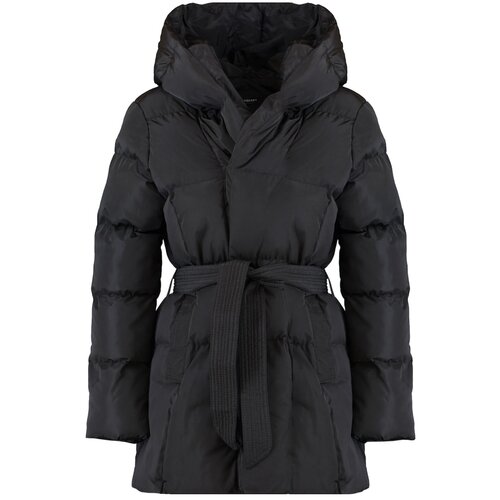 Trendyol Black Belted Wide Cut Oversize Hooded Inflatable Coat Slike
