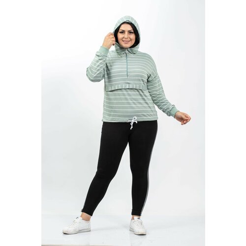 Şans Women's Plus Size Green Front Button Zipper And Waist Lace Detail Hooded Sweatshirt Slike