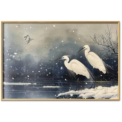  Plakat - Herons over a Winter Pond - illustration in the Japanese style in dark colors 30x21 Zlatni okvir Slike