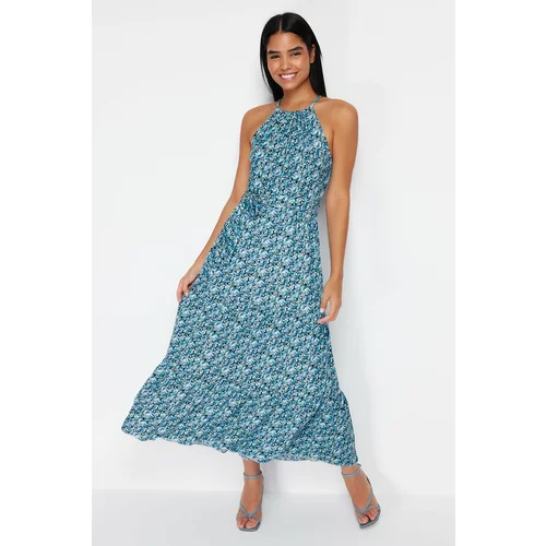 Trendyol Blue Floral Skater/Waist Barbell Neck Ribbed Stretchy Knitted Maxi Dress