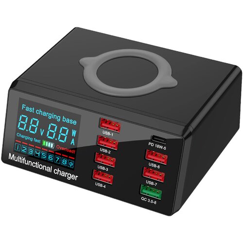 Multi USB punjač WLX-X9 sa LCD-om/8 USB portova+Wireless punjač crni Slike