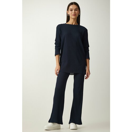 Happiness İstanbul Women's Navy Blue Corded Knitted Blouse and Trousers Set Slike