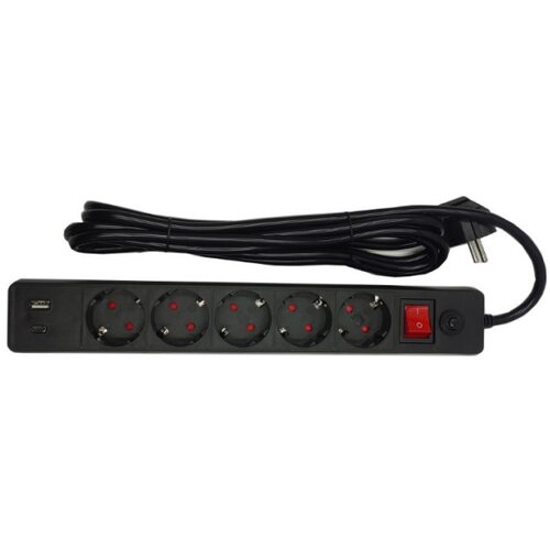 Gembird SPG5-B-10(3G1.5)**produzni kabl sa zastitom i 5 uticnica, 5V/3.1A USB-A+C 16A/3500W 3m Black Slike