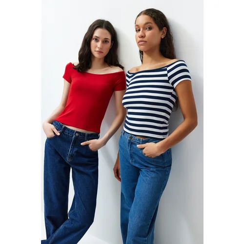 Trendyol Pack of 2 Navy Blue Striped-Red Plain Carmen Collar Crop Stretchy Knitted Blouse