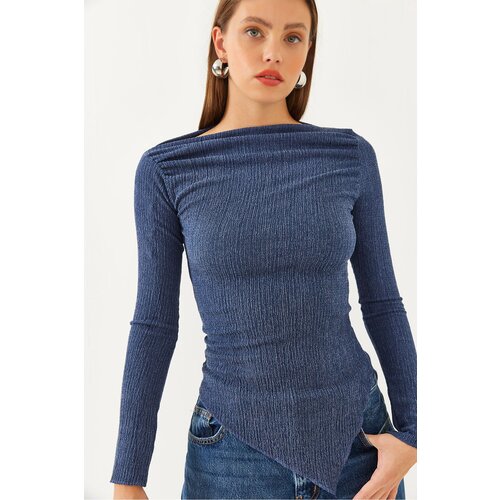 Bianco Lucci Women's Draped Boat Neck Asymmetrical Knitted Blouse Slike