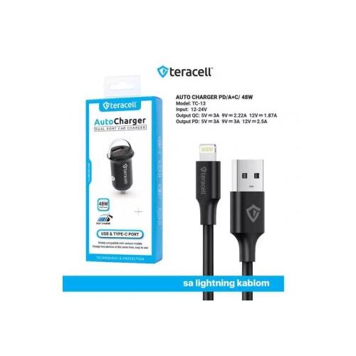 Teracell evolution TC-13 48W dual auto punjač sa lightning kablom Slike