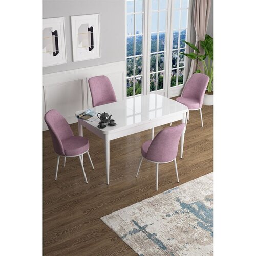 Hanah home trpezarijski set Han, sto na razvlačenje i 4 stolice, bela ploča, roze tkanina Jerry Cene
