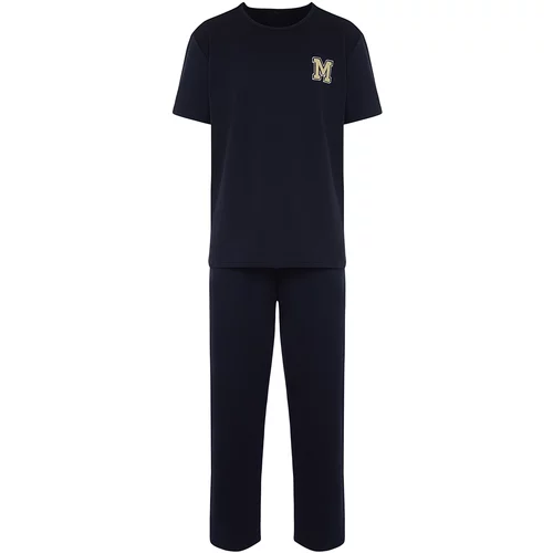 Trendyol Men's Navy Blue Short Sleeve Printed Regular Fit Pajama Set