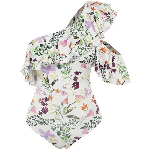 Trendyol Multicolored Floral Patterned Flywheel Detailed One-Shoulder Swimsuit Slike