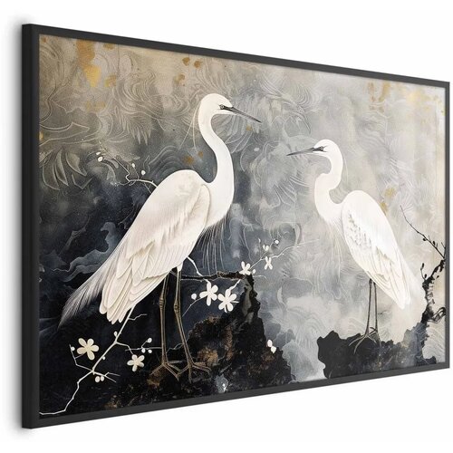  Plakat - Herons and Cherry Blossom - oriental-style illustration depicting birds 30x21 Crni okvir Cijene