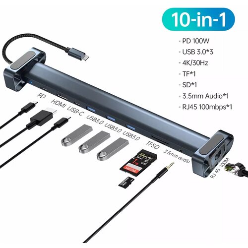  Adapter Type C JWD-TC45 na LAN/ PD/ HDMI/ Type C/ 3x USB 3.0/ SD/ TF/ 3.5mm 10 u 1 sivi Cene