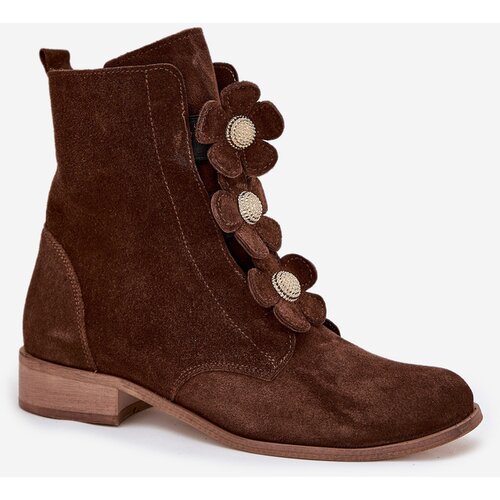 Zazoo Suede Women&amp;#039;s Ankle Boots with Decorative Flowers 3085 Brown Slike