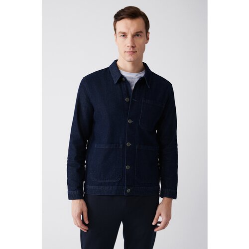 Avva Men's Navy Blue Classic Collar 100% Cotton Comfort Fit Comfortable Cut Denim Coat Slike