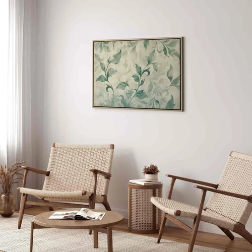  Slika - Watercolor Botanical Motif Delicate Green-Beige Leaves 90x60 U prirodnom drvenom okviru Slike