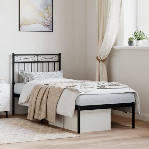 VidaXL Kovinski posteljni okvir z vzglavjem črn 75x190 cm Slike