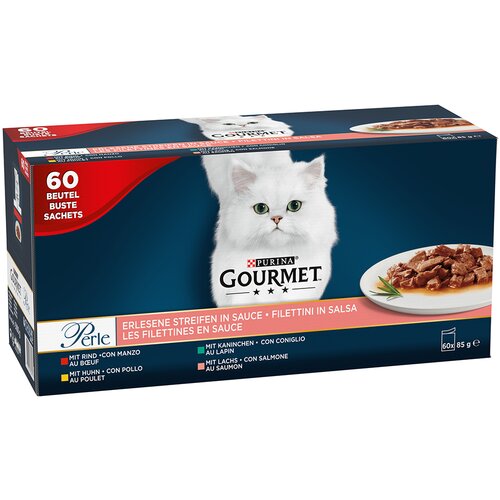 Gourmet Multi pakiranje Perle 60 x 85 g - Izbrani trakovi: govedina, zajec, losos in piščanec Cene