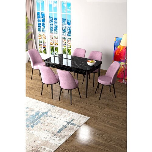 Hanah home Zen - Black Marble, Pink Black MarblePink Extendable Dining Table & Chairs Set (7 Pieces) Cene