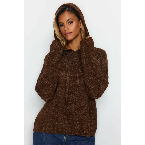 Trendyol Brown Glittery Boucle Hooded Knitwear Sweater