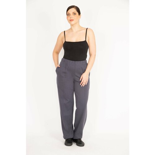 Şans Women's Smoked Plus Size Trousers with Iron-on Marks, Grass Stitching, Elastic Waist and Side Pockets Slike
