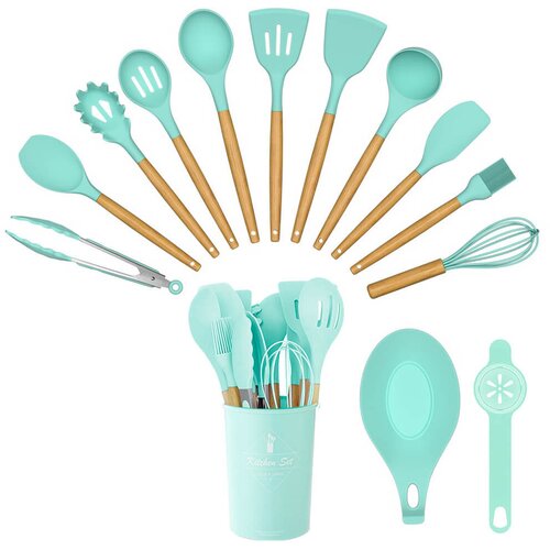 Timeless Tools 14-delni set kuhinjskih pripomočkov iz toplotno odpornega silikona s stojalom - turkizna, (5000358036) Cene