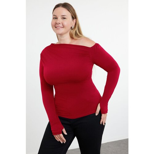 Trendyol Curve Red Asymmetric Collar Sandy Knitted Plus Size Blouse Slike