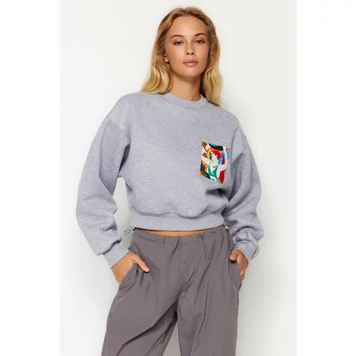 Trendyol Gray Melange Thick Fleece Printed Crew Neck Relaxed Cut Crop Knitted Sweatshirt
