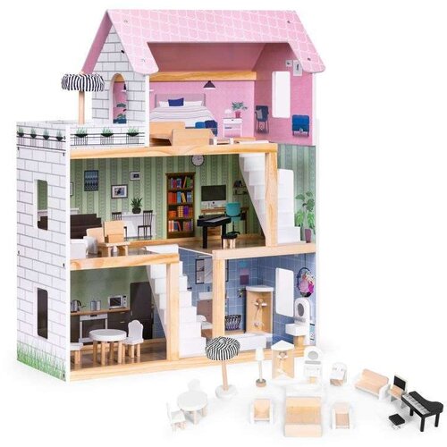 ECO TOYS Drvena kućica za lutke s terasom i namještajem Cijene