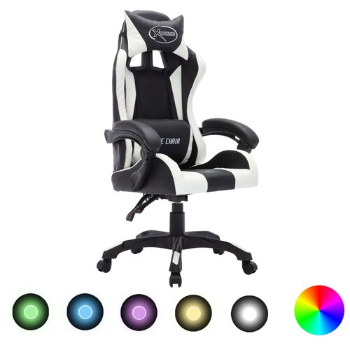 VidaXL Igraća stolica s RGB LED svjetlima bijelo-crna od umjetne kože Slike