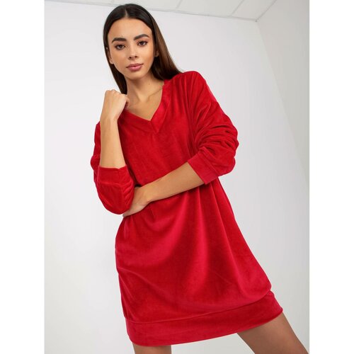 Fashion Hunters Red velor dress with long sleeves Slike